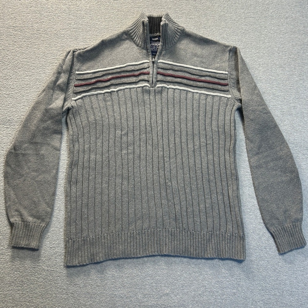 American Rag 1/4 Zip Ribbed Sweater Mens Medium Gray Stripe 100% Cotton Casual